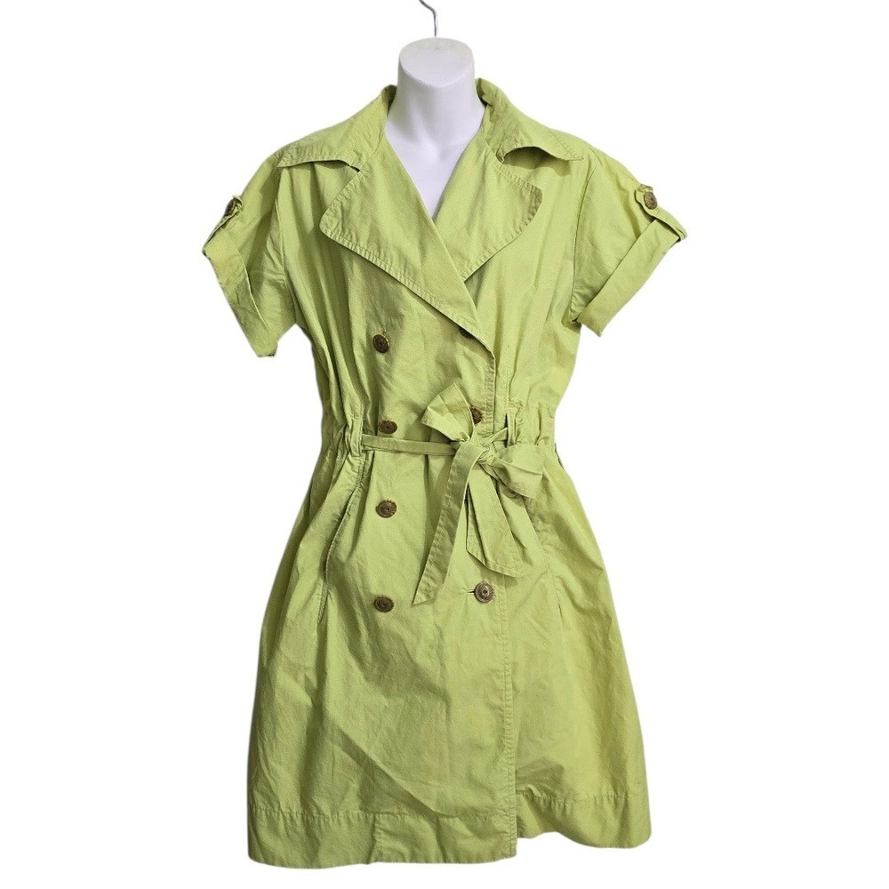 Cabi Safari Belted Trench Coat Jacket Dress In Chartreuse Sz L